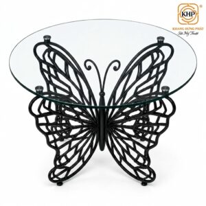 Bàn cafe hình cánh bướm bằng sắt vuông đặc uốn thủ công cao cấp Khang Hưng Phát - Handcrafted wrought iron butterfly coffee table with solid iron table base by KHP