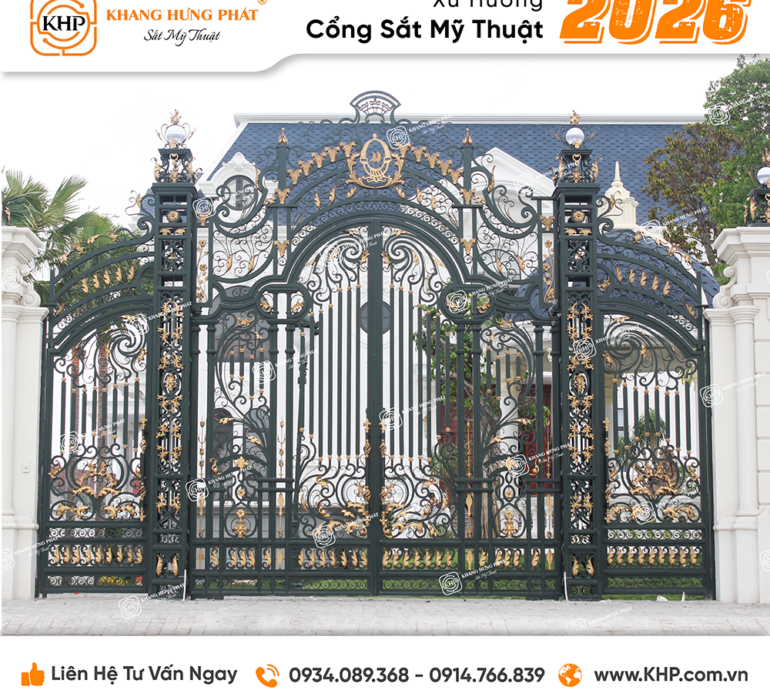Sự giao thoa giữa Tân cổ điển và văn hóa Á Đông (Mã số: KHP-2026-06), cánh vòm thanh thoát sơn xanh rêu cổ vịt phối cùng điểm nhấn vầng hướng dương tỏa sáng thu hút tài lộc.