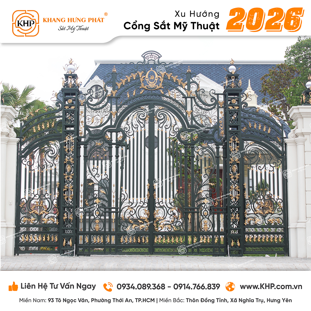 Sự giao thoa giữa Tân cổ điển và văn hóa Á Đông (Mã số: KHP-2026-06), cánh vòm thanh thoát sơn xanh rêu cổ vịt phối cùng điểm nhấn vầng hướng dương tỏa sáng thu hút tài lộc.