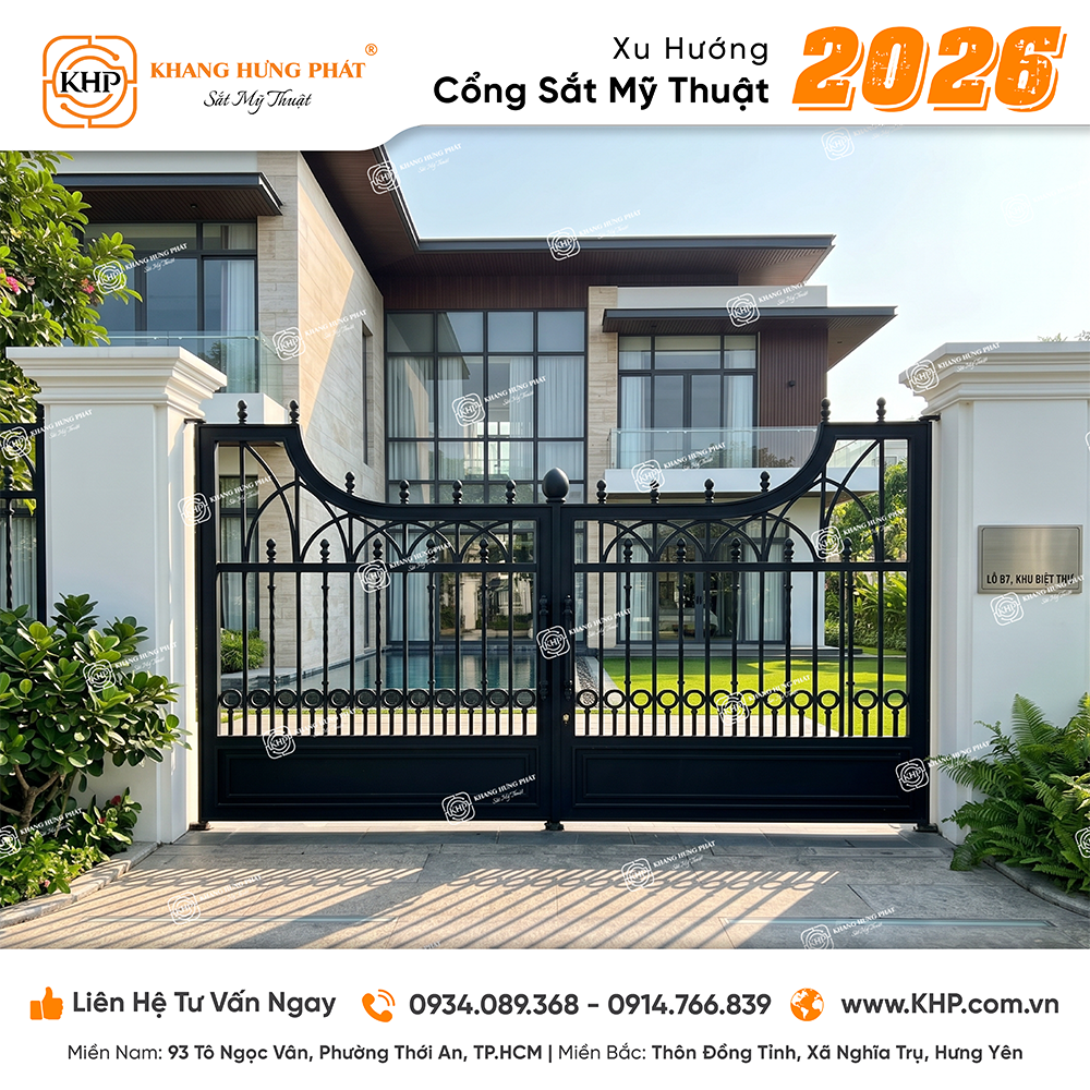 Mẫu cổng cánh cung phong cách Minimalist Luxury (Mã số: KHP-2026-09), thiết kế thanh thoát với các thanh song đứng, chân cổng đan dải vòng tròn mang lại độ thoáng rộng tối đa.