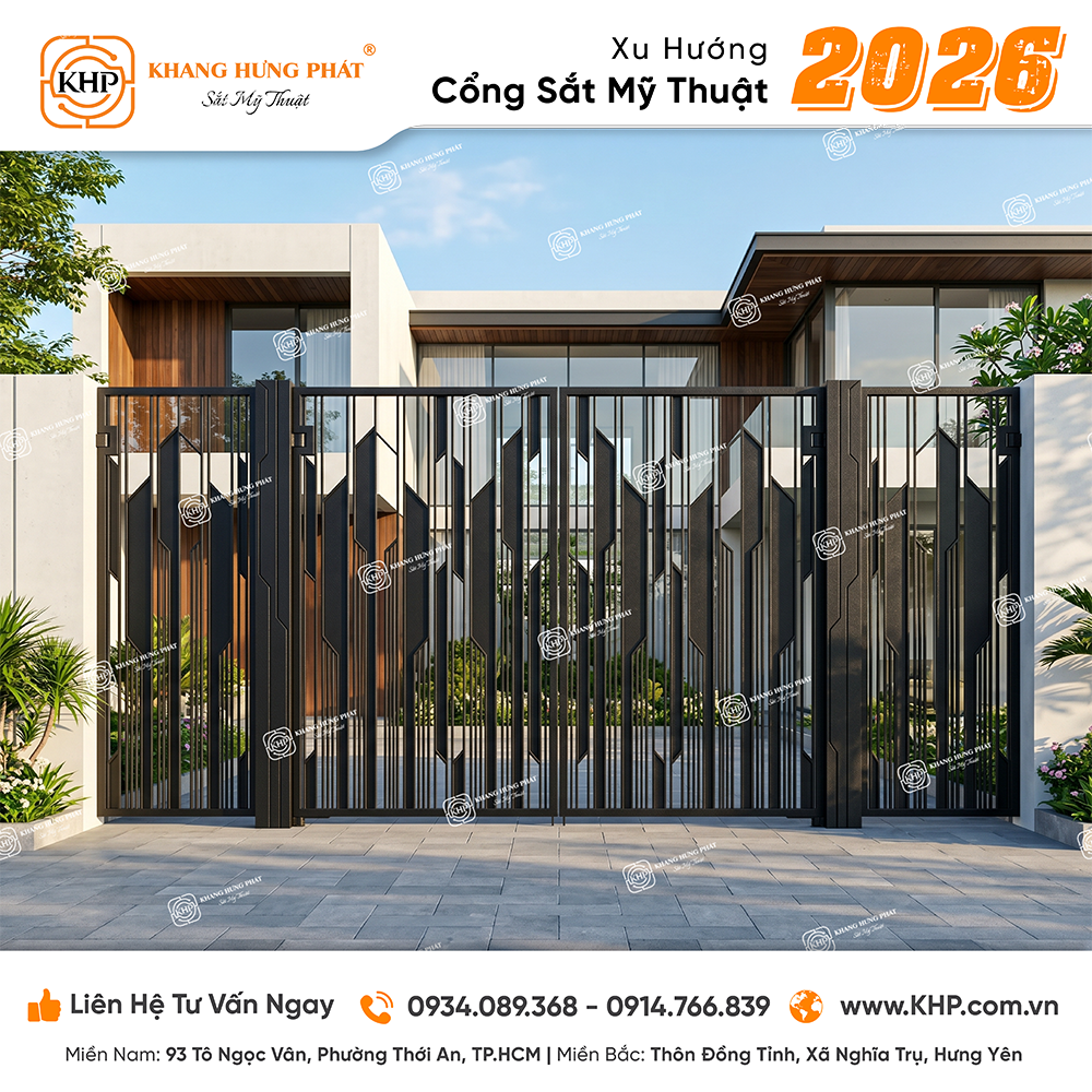 Mẫu cổng sắt mỹ thuật phong cách hiện đại hình khối đương đại (Mã số: KHP-2026-10) sở hữu hệ hoa văn hình thoi nhọn dập nổi vát cạnh 3D so le, tạo chiều sâu vững chãi.